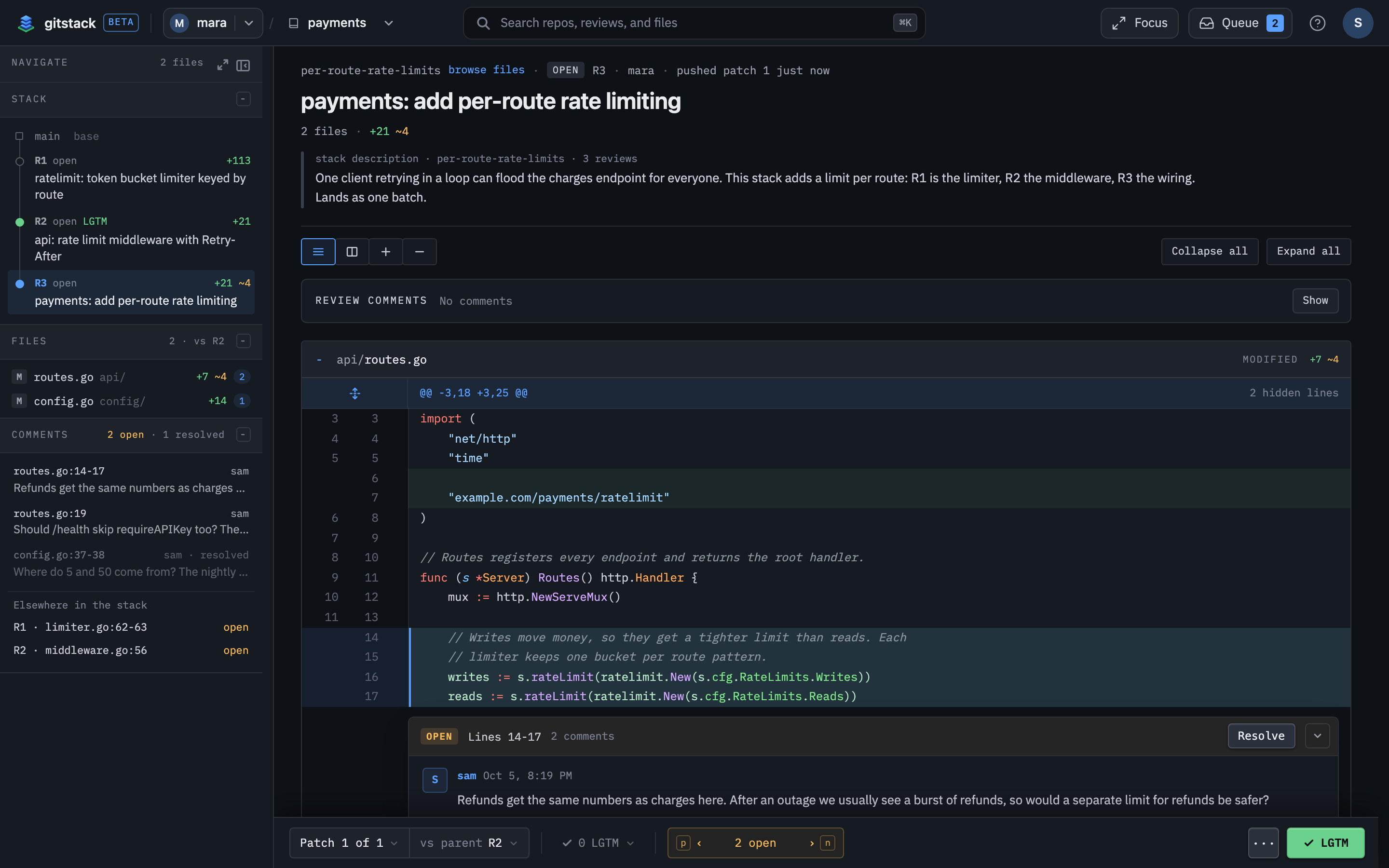 GitStack's review page for "payments: add per-route rate limiting", the top review in a stack of three. The stack, its files, and its comment threads are listed on the left, a syntax-highlighted Go diff of api/routes.go fills the middle with a comment thread on lines 14 to 17 and those lines highlighted, and the bar along the bottom shows 2 open threads